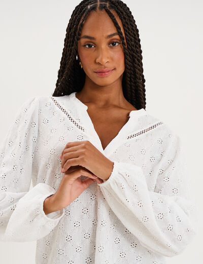 Blouse broderie anglaise manches longues blanc femme
