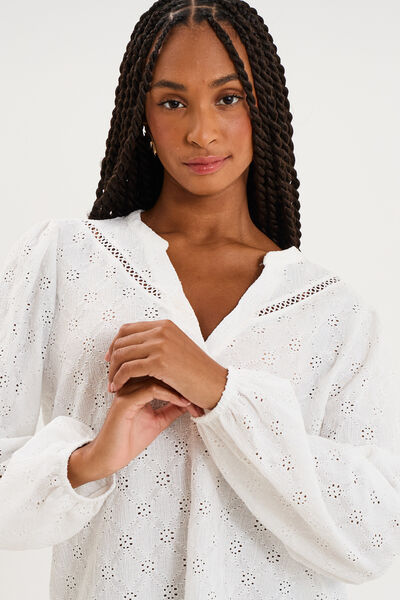 Blouse broderie anglaise manches longues blanc femme