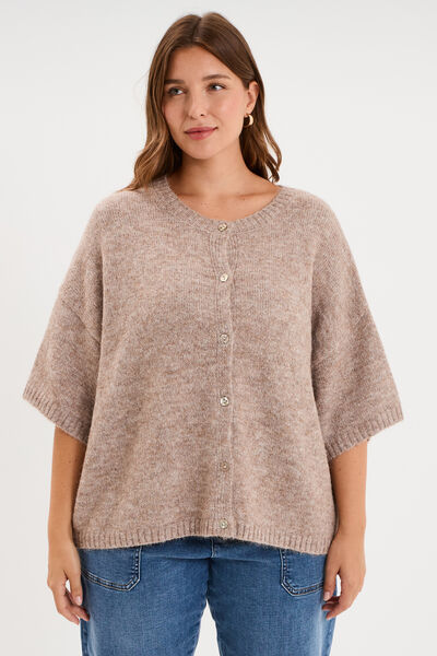 Gilet manches courtes col rond oversize beige femme grande taille