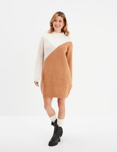 Robe pull col montant manches longues sable femme