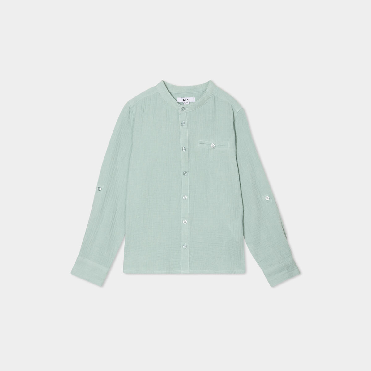 Chemise gaze coton manches retroussables vert kaki garçon