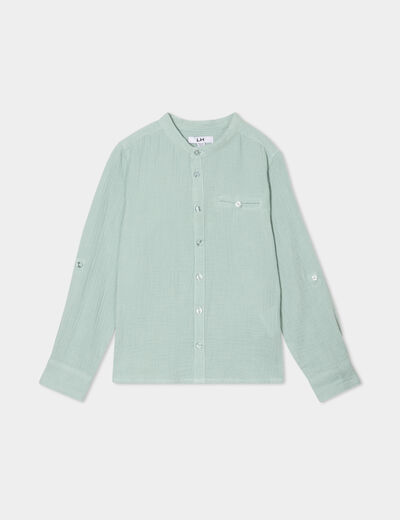 Chemise gaze coton manches retroussables vert kaki garçon