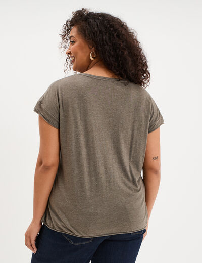 T-shirt effet chin&eacute; col en V avec poche vert kaki femme grande taille