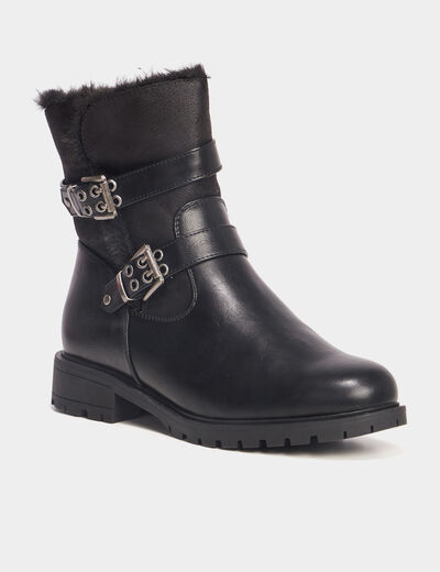 Boots motarde fourr&eacute;es avec boucles noir femme