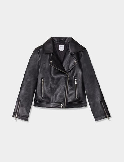 Veste courte biker simili cuir noir fille