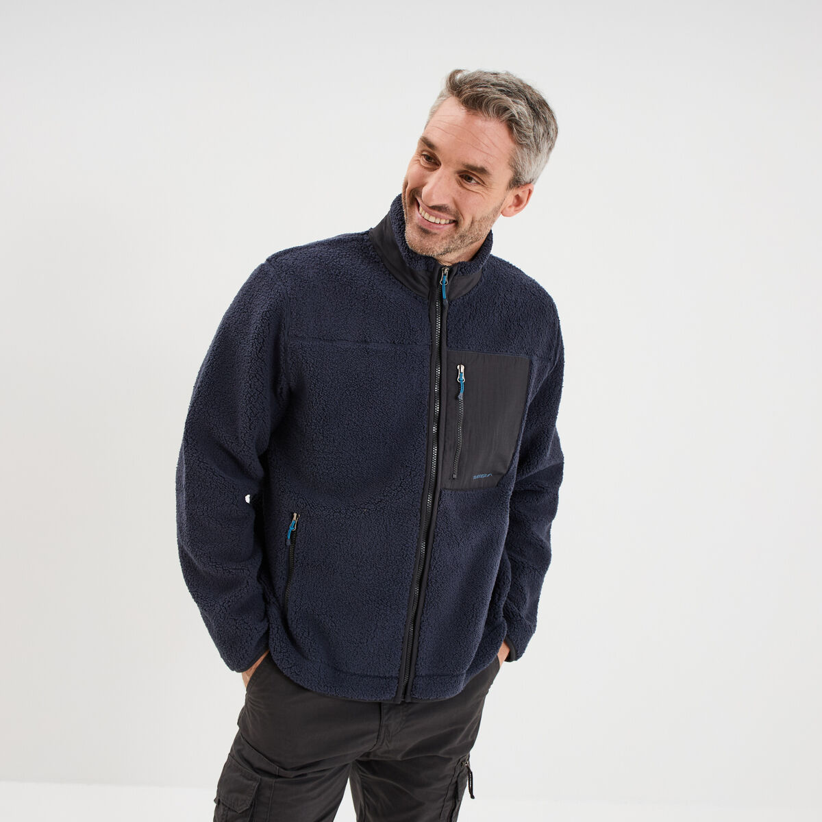 Veste effet sherpa zipp&eacute;e 3 poches bleu fonc&eacute; homme