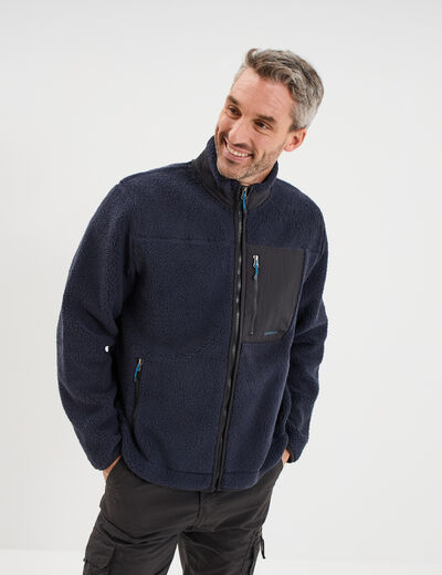 Veste effet sherpa zipp&eacute;e 3 poches bleu fonc&eacute; homme