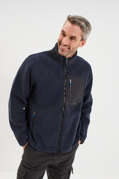 Veste effet sherpa zipp&eacute;e 3 poches bleu fonc&eacute; homme