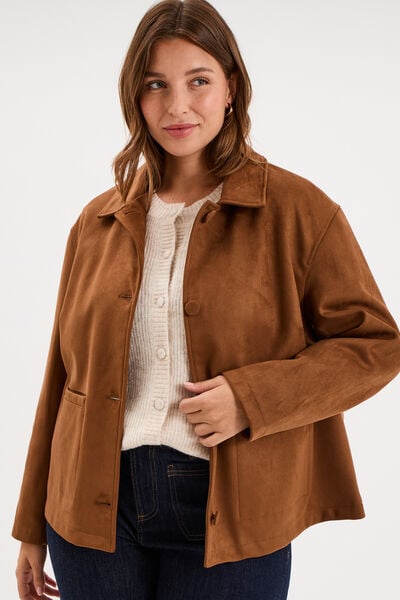 Veste paletot en su&eacute;dine boutonn&eacute;e marron clair femme grande taille