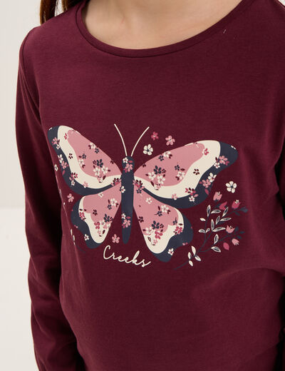 T-shirt smocké manches longues coton bordeaux fille