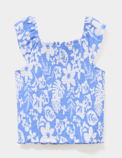 T-shirt smock&eacute; col carr&eacute; avec volants bleu fille