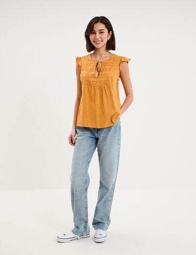 T-shirt avec broderie coton jaune moutarde femme