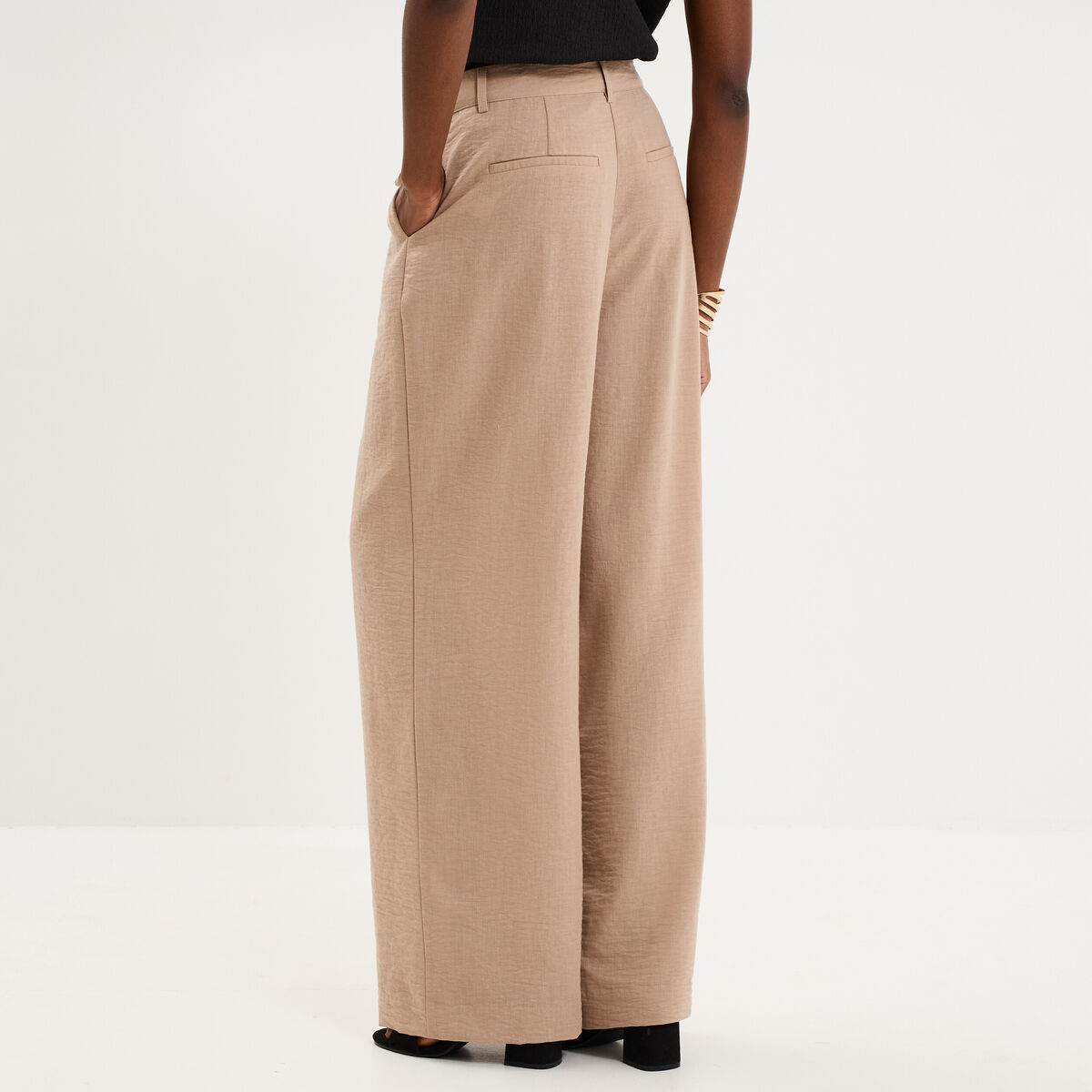 Pantalon large &agrave; pinces taille haute marron femme