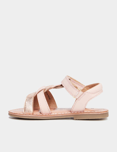 Sandales brides tress&eacute;es en cuir rose fille