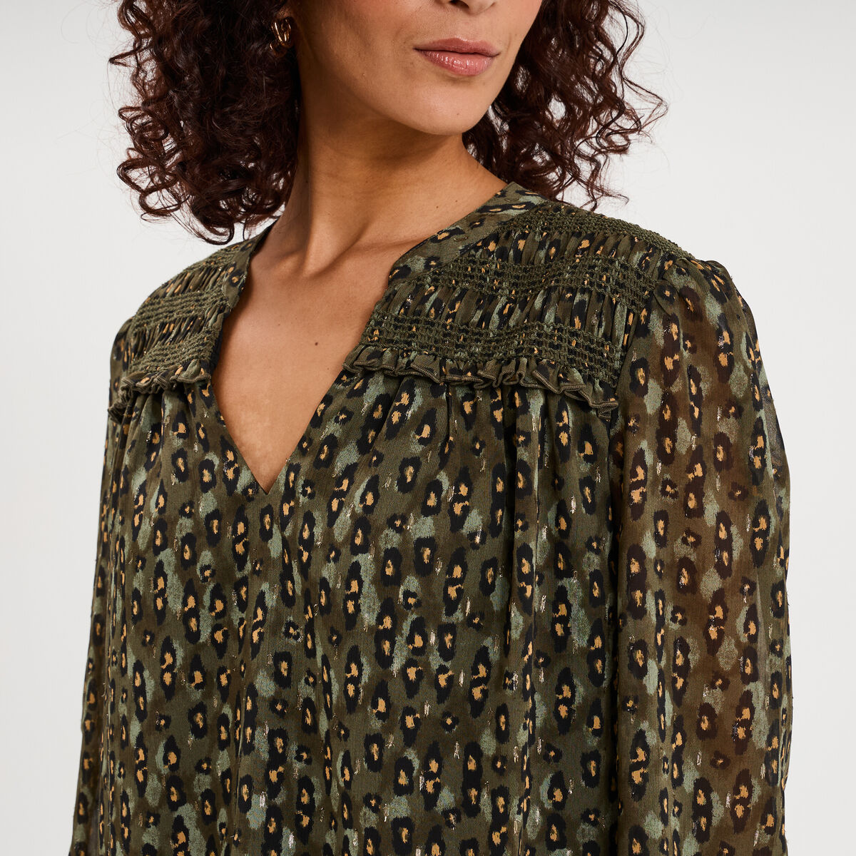 Blouse col tunisien manches longues vert kaki femme