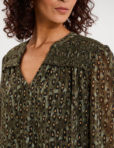 Blouse col tunisien manches longues vert kaki femme