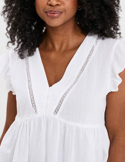 Blouse manches volants col en V coton blanc femme
