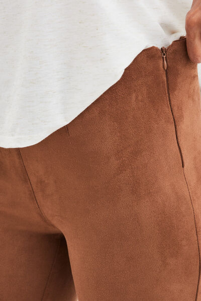 Pantalon suédine slim taille élastiquée marron foncé femme