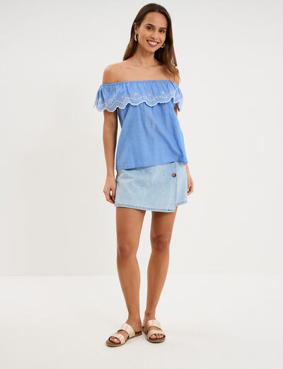 Blouse col bardot broderie anglaise bleu clair femme