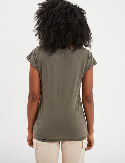 T-shirt coton col en V manches courtes vert kaki femme