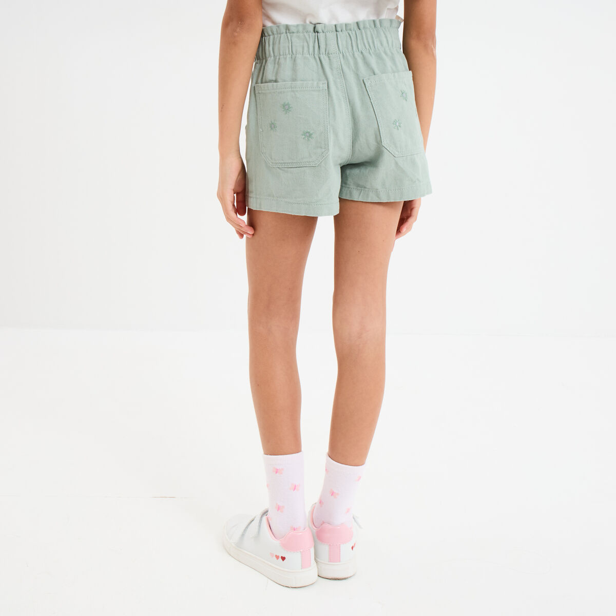 Short brodé taille élastiquée coton vert kaki fille