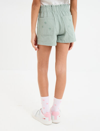 Short brodé taille élastiquée coton vert kaki fille