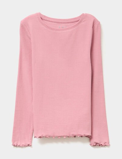 T-shirt côtelé manches longues coton vieux rose fille