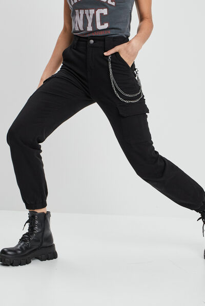 Pantalon cargo avec chaîne noir femme