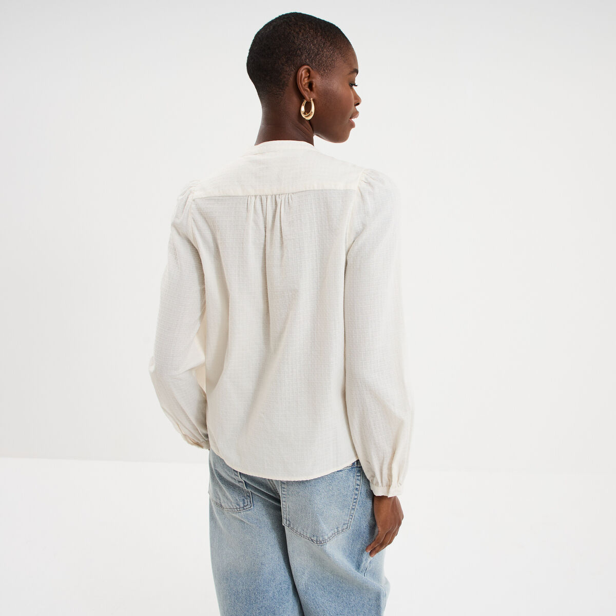 Blouse droite manches longues coton ecru femme