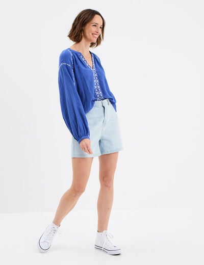 Short mom en jean 5 poches coton denim bleach femme