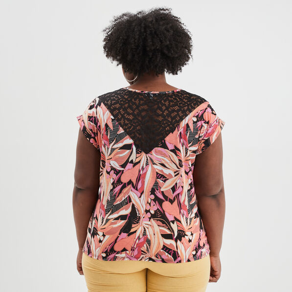 T-shirt col à dentelle Modavista noir femme grande taille
