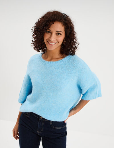 Pull col rond manches courtes bleu clair femme