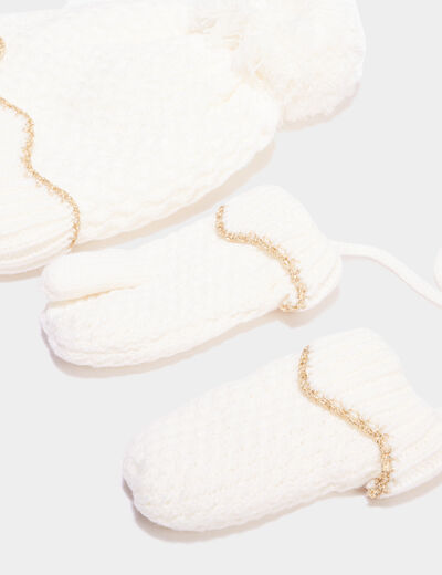 Ensemble tricoté bonnet et moufles ivoire bébé fille