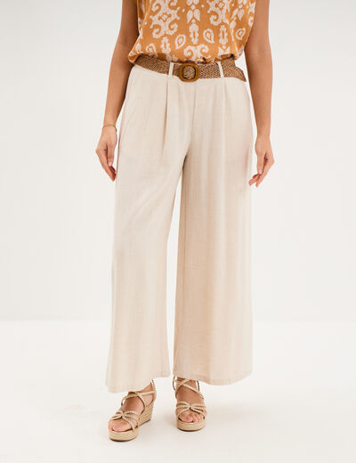Pantalon large &agrave; pinces ceinture tress&eacute;e beige femme