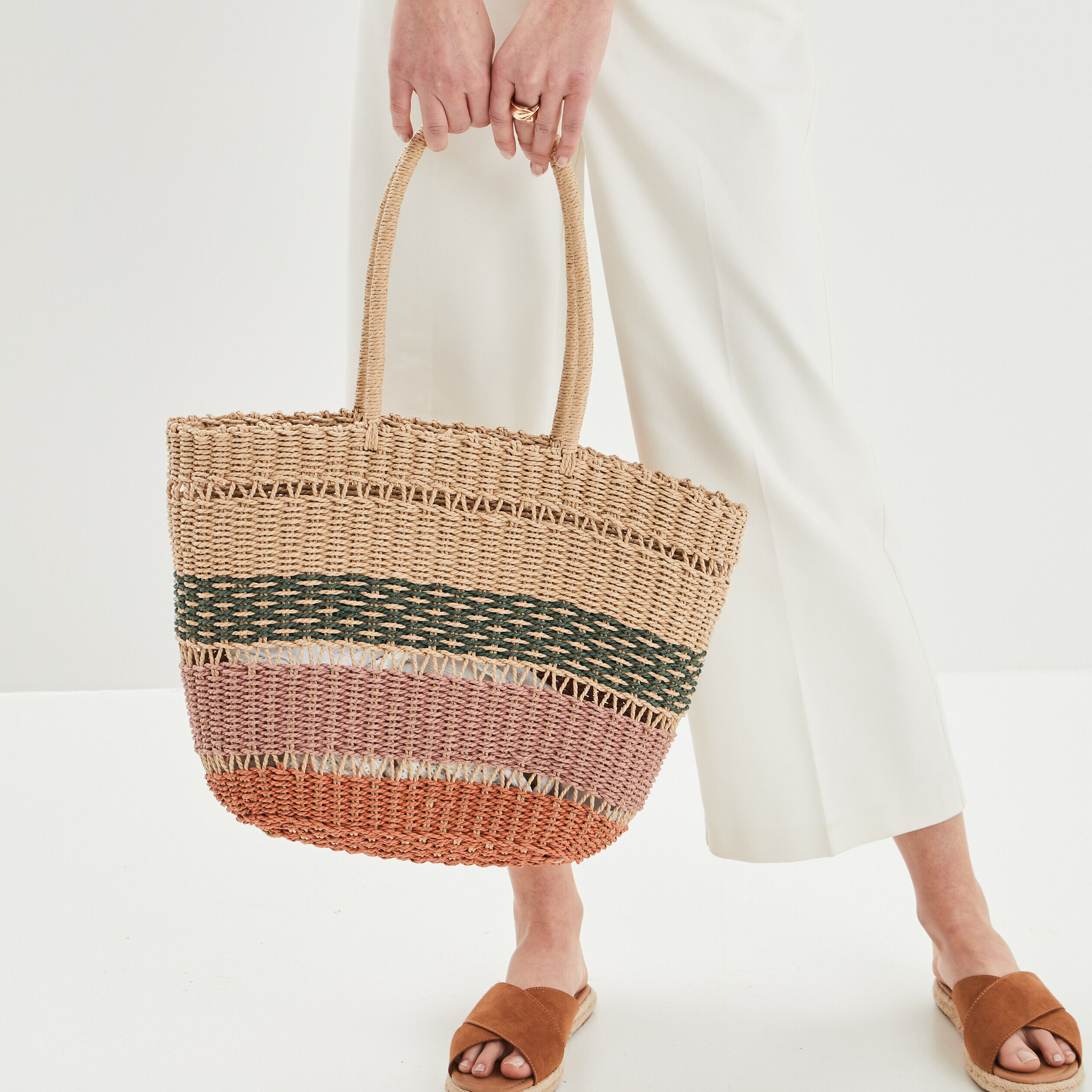 Sac panier tressé en paille multicolore femme LH