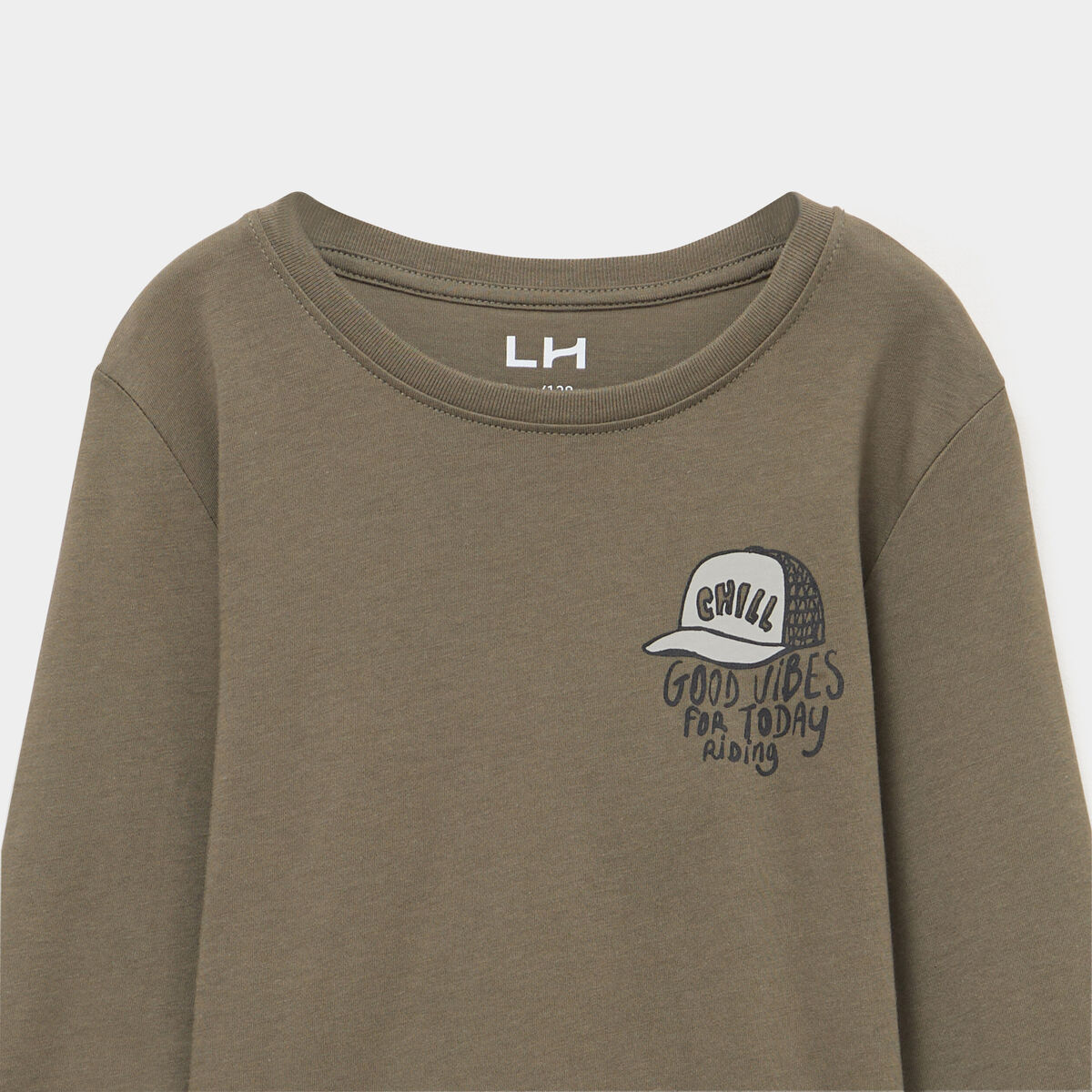 T-shirt col rond manches longues coton vert kaki gar&ccedil;on