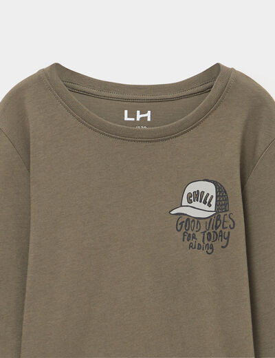 T-shirt col rond manches longues coton vert kaki gar&ccedil;on