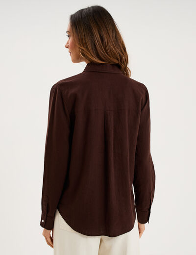 Chemise lin m&eacute;lang&eacute; manches longues marron fonc&eacute; femme