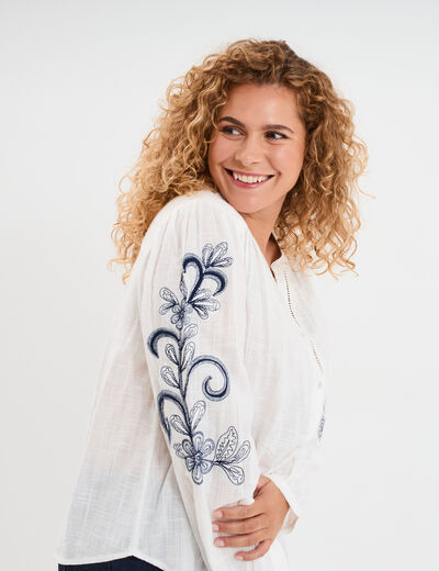Blouse manches brodées col tunisien blanc femme grande taille