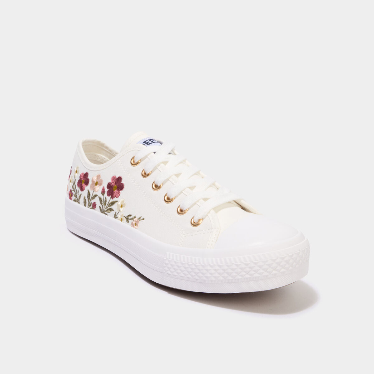 Tennis basses en toile brod&eacute;es blanc femme