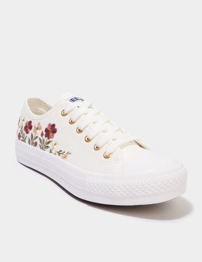 Tennis basses en toile brod&eacute;es blanc femme