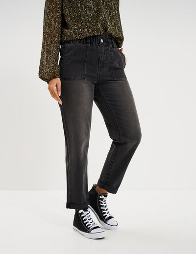 Jean paperbag cropped taille &eacute;lastiqu&eacute;e denim noir femme