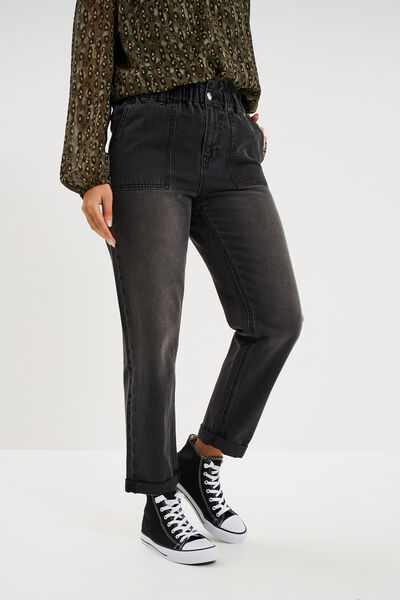 Jean paperbag cropped taille &eacute;lastiqu&eacute;e denim noir femme