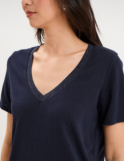 T-shirt col en V manches courtes bleu fonc&eacute; femme