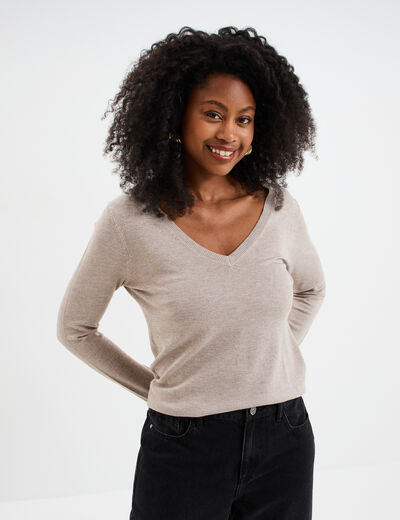 Pull col en V manches longues beige femme