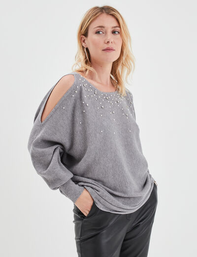 Pull perles et strass au col gris clair femme
