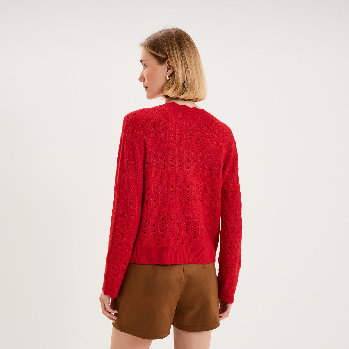 Gilet ajour&eacute; col V manches longues rouge femme