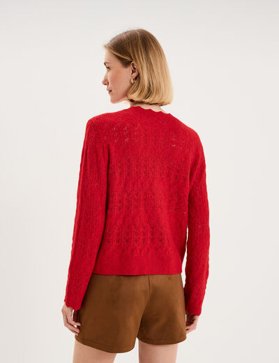 Gilet ajour&eacute; col V manches longues rouge femme