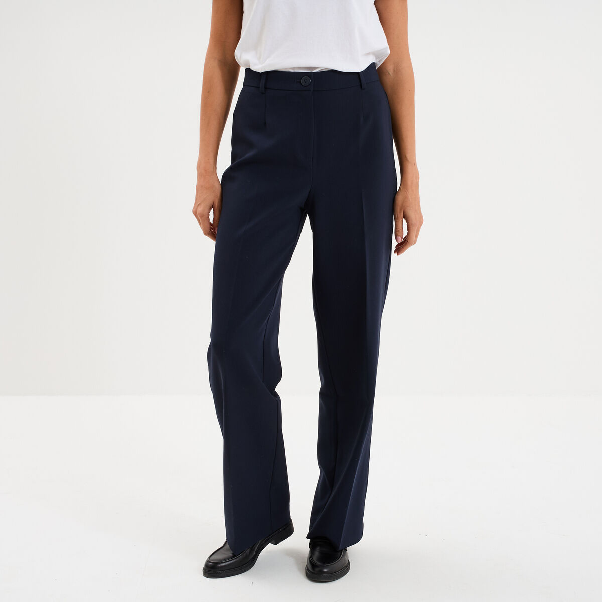 Pantalon taille haute droit avec pinces bleu fonc&eacute; femme