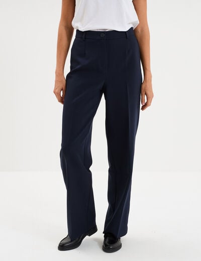 Pantalon taille haute droit avec pinces bleu fonc&eacute; femme